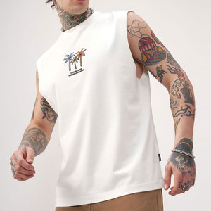 Camiseta sin Mangas Blanca para Hombre, Cuello Redondo, con Estampado de Palmeras, Informal, Transpirable, Corte Regular, de Algodón - Product Image 1