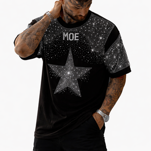 Camisetas Personalizadas para Hombre con Gráfico de Estrella con Pedrería Negra en Toda la Superficie, Ropa Urbana de Lujo, Camiseta de Algodón, Marca de Moda con Etiqueta Privada Personalizada, EE. UU. - Product Image 3