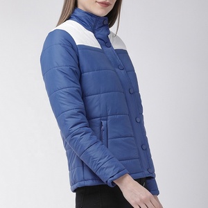 Women's <b>Quilted</b> <b>Jacket</b> With White Color Block Stand Collar Full Sleeve Button Closure Autumn Wear - Product Image 3