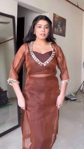Layered Indian Pakistani Clothing Set Sheer Long Sleeve <b>Top</b> Solid Tunic <b>Net</b> Unstitched Outfit for Festival Wear - Product Image 6