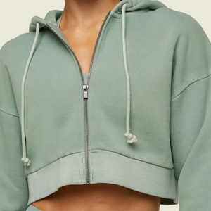 Women's <b>Cropped</b> Hoodie <b>Zip</b>-<b>Up</b> Sweatshirt Solid Color Knitted Long Sleeve Hooded Casual Autumn Wear - Product Image 5