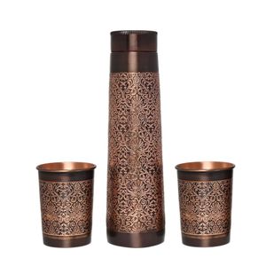 Juego de Termo de Cobre Premium con 2 Tazas, Diseño Vintage Grabado, Botella Aislada para Beber, 26 cm de Altura, Botella de Agua Metálica - Product Image 1