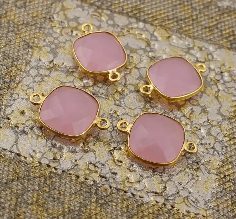 Brass gold plated bezel setting connectors dainty pink chalcedony cushion shape charms component pairs handmade jewelry making