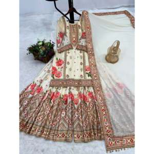Vêtements et accessoires musulmans traditionnels Top-Sharara Dupatta Impression numérique avec dentelle Latkan - Product Image 6