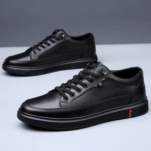 Nouvelles chaussures pour hommes en cuir véritable, chaussures décontractées printemps automne, chaussures plates noires cool, chaussures de skate, baskets à enfiler tendance pour jeunes - Product Image 5