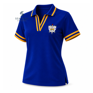 เสื้อโปโล Sigma Gamma Rho Sorority สำหรับผู้หญิง สีน้ำเงินลายทอง คอวี ผ้าปิเก้ถัก แขนสั้น ปักลายตราสัญลักษณ์ คอปก - Product Image 2
