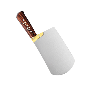 Couteau de boucher en acier inoxydable argenté avec manche en bois brun et bolster doré, lame large pour couper la viande en cuisine - Product Image 2