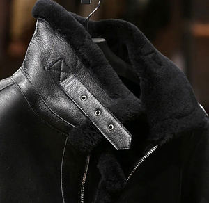 Nouvelle veste de motard en cuir véritable noir pour homme avec doublure en sherpa, fermeture éclair, col rabattable, style moto d'hiver - Product Image 6