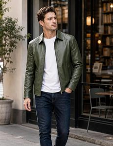 Veste Safari en Cuir Tissé Coupe Slim pour Homme, Col Montant, Fermeture Éclair, Vert Uni, Longueur Standard, Décontractée, Idéale pour l'Automne - Product Image 3