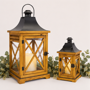 Farol de Madera Antiguo al por Mayor con Tapa Metálica, Farol Decorativo Ecológico de Vidrio Cuadrado para Centro de Mesa de Boda - Product Image 4