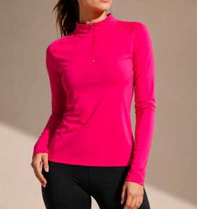Polo de manga larga con media cremallera para mujer, color fucsia liso, corte regular - Product Image 1