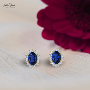 Bulk Manufacturer of 14K Solid Gold Diamond Accented Jewelry 1.16CT Oval Cut <b>Blue</b> <b>Sapphire</b> Stud <b>Earrings</b> Free Shipping Available - Product Image 1