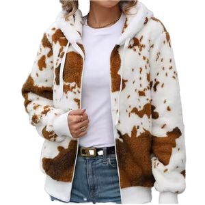 Veste d'hiver en polaire à capuche et fermeture éclair pour femme |   Sweat-shirt ultra doux en peluche à imprimé léopard, écologique et personnalisable, vente en gros 2026 - Product Image 1
