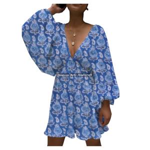 Meilleur Prix Vente Chaude Mode en Gros Robe Lanterne Col V Profond en Tissu Coton Imprimé à la Main 100% pour Mariage Très Demandée - Product Image 5