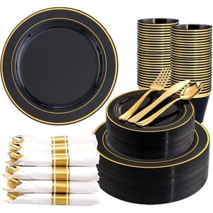 Kit di 350 Pezzi per Feste Usa e Getta, Piatti in Plastica Nero e Oro, Include 50 Piatti Fondi 9, 50 Piatti da Dessert 6.3, 50 Bl - Product Image 1
