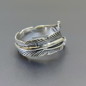 Oxidized Silver 925 <b>Ring</b> Detailed Feather Band Bypass Wrap <b>Ring</b> <b>Men</b> Women Jewelry Manufacturer Bulk - Product Image 2