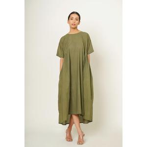 Robe longue trapèze vert olive en lin très demandée, à manches courtes, col rond, respirante, style simple avec poches, idéale pour le printemps pour femme - Product Image 4