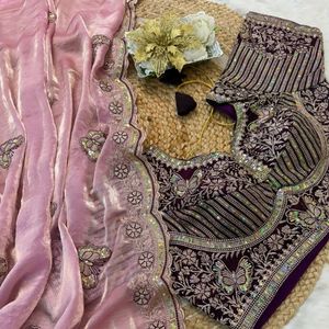 Sari en satin brodé de qualité supérieure avec travail de sequins de 3 mm et bordure épaisse, accompagné d'un chemisier de créateur cousu par Royal - Product Image 2