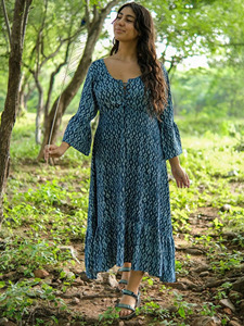 Indigo Hand-Block Printed Cotton <b>Maxi</b> Dress with Flare Bell Sleeves Casual Bohemian Summer Long One Piece Gown for Women - Product Image 5