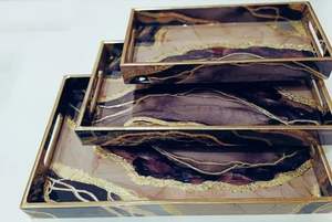 Juego de bandeja de servir de resina chapada de 3 niveles hecho a mano con posavasos de madera de alta calidad, personalizado para el hogar, restaurantes, ocasiones de comida india - Product Image 2