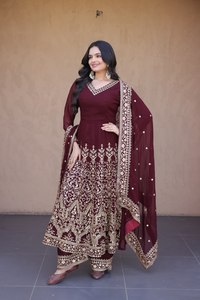 Ensemble indien pakistanais brodé vert, haut Anarkali à manches longues, pantalon palazzo, dupatta, tenue de fête - Product Image 5