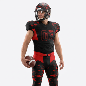 Uniforme de football américain sublimé sur mesure, vente en gros, motif camouflage noir et rouge, ensemble maillot et pantalon pour entraînement et matchs d'équipe - Product Image 1