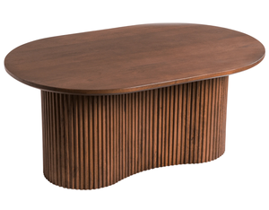 Table basse moderne en bois de manguier massif avec plateau ovale, base à motifs sculptés Linn et finition marron, style décoration intérieure - Product Image 1