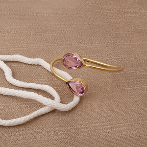Elegant <b>Gold</b> Plated <b>Adjustable</b> Bangle with Dual Teardrop Pink Stones Minimalist Open Cuff Fashion <b>Bracelet</b> for Women V - Product Image 3