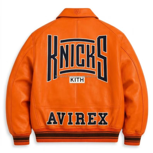 Blouson bomber en cuir orange vif KITH X Avirex New York Knicks |   Basket-ball sportif d'hiver brodé de qualité supérieure pour hommes - Product Image 3