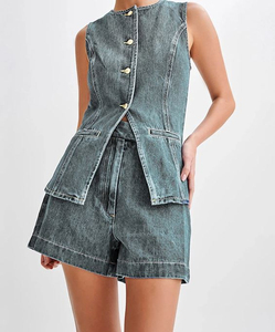 Men's Denim Sleeveless Vest With Shorts <b>Set</b> Casual Solid Color Washed Cotton Woven Summer Wear Plus Size Men's <b>Sets</b> - Product Image 3