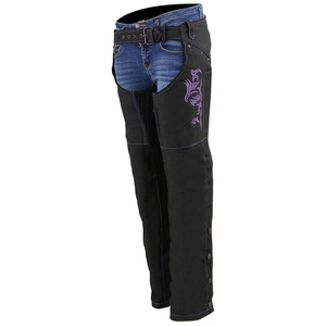 Women's Motorcycle <b>Riding</b> <b>Chaps</b> Samroz Sports SP-500-01 Sleeveless High Quality Purple Embroidery Black Leather Customizable - Product Image 1