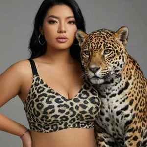 Sujetador con estampado de leopardo disponible en stock, de moda, con copa profunda, sin aros, con soporte, fino, sin borde, con cierre trasero tipo chaleco, talla adulta. - Product Image 3