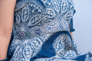 Elegant <b>Blue</b> Printed Sleeveless Peplum <b>Crop</b> <b>Top</b> with Palazzo and Organza Dupatta with Pearls Cut-dana and Mirror work - Product Image 5