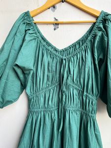 Vestido largo informal de algodón con escote corazón para mujer, color verde, teñido liso, regalo para ella. - Product Image 3