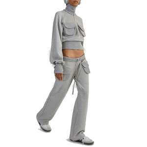 Ensemble de survêtement gris en coton pour femme – Pantalon de jogging long et sweat à capuche demi-zippé – Coupe décontractée et ample – Couleur unie respirante pour l'automne - Product Image 1