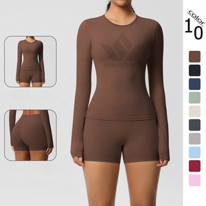 Women's Brown 2 Piece Seamless Yoga Set <b>Long</b> Sleeve Crew Neck Top High Waist Full Length Leggings Stretch Activewear - Product Image 4