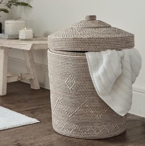 <b>Rectangular</b> dark-stained rattan laundry <b>basket</b> featuring a hinged lid and woven texture, available at wholesale prices. - Product Image 4