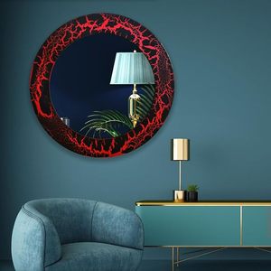 Modern Stationary Round Art Vanity <b>Mirror</b> Red Black Crack Pattern Wall-Mounted Decorative <b>Mirror</b> for Bedroom Living Room - Product Image 1