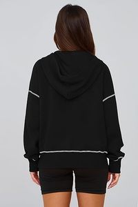 Women's <b>Black</b> Hooded Zip Front Sweatshirt <b>Long</b> <b>Sleeve</b> Casual Solid Color Knitted Pullover Autumn Wear - Product Image 2