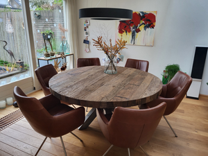 Table à manger ronde en bois, style rustique moderne, plateau en bois massif, design à base en X, meuble de maison stable - Product Image 3