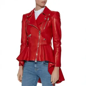 Red Genuine Leather Stand Collar Moto <b>Jacket</b> with Zipper Closure Front Logo Peplum Hem for <b>Women</b> and Men Winter Wear - Product Image 1