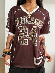 Maillot de football américain surdimensionné en maille imprimé léopard Y2K pour femme, streetwear marron avec numéro graphique, personnalisable OEM en gros - Product Image 2