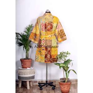 Kimono Ligero de Algodón para Mujer, Diseño Floral, Bolsillos Kantha, Kimono de Lujo Transpirable con Parches - Product Image 6