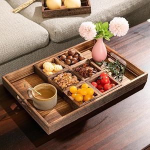 Plateau de service en bois avec poignées, assiettes rectangulaires à 8 compartiments, plateau ottoman pour salon, utilisé pour la table basse - Product Image 1