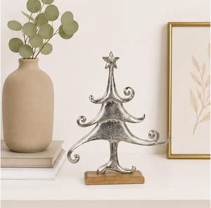 Handcrafted Minimalist Silver Metal Xmas <b>Tree</b> <b>Tabletop</b> Ornament Elegant Festive Centerpiece With Rustic Wood Stand High-Quality - Product Image 2
