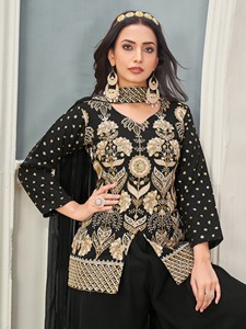 Traje Plazzo Negro con Bordado Intenso en Faux Georgette para Bodas Modernas, Diwali y Otras Ocasiones - Product Image 6