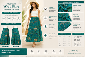 Jupe portefeuille bohème taille naturelle coupe trapèze longueur mi-mollet 100% coton imprimé animal écologique séchage rapide pour femme - Product Image 3