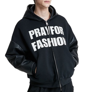 Sudadera con Capucha y Mangas de Cuero, Forro Polar Cortavientos, Estilo Motero, Ropa de Invierno para Hombre, Negra, con Cierre y Mangas de Cuero - Product Image 2