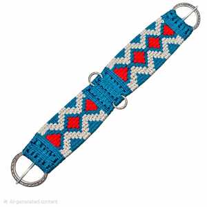 Sangle en laine et cuir pour étrier de cheval, motif bleu, rouge et blanc - Product Image 1