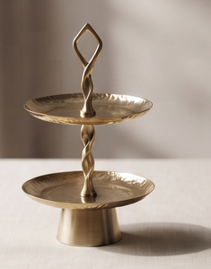 Premium Gold Metal 2 <b>Tier</b> <b>Cake</b> <b>Stand</b> with Twisted Stem Pedestal Base Hammered Pastry Cupcake Display Serving Plate Decor - Product Image 1